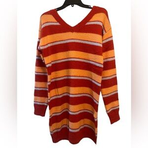 NWT Davi & Dani Red Orange Gray Stripe V Neck Long Sleeve Knit Sweater DRESS